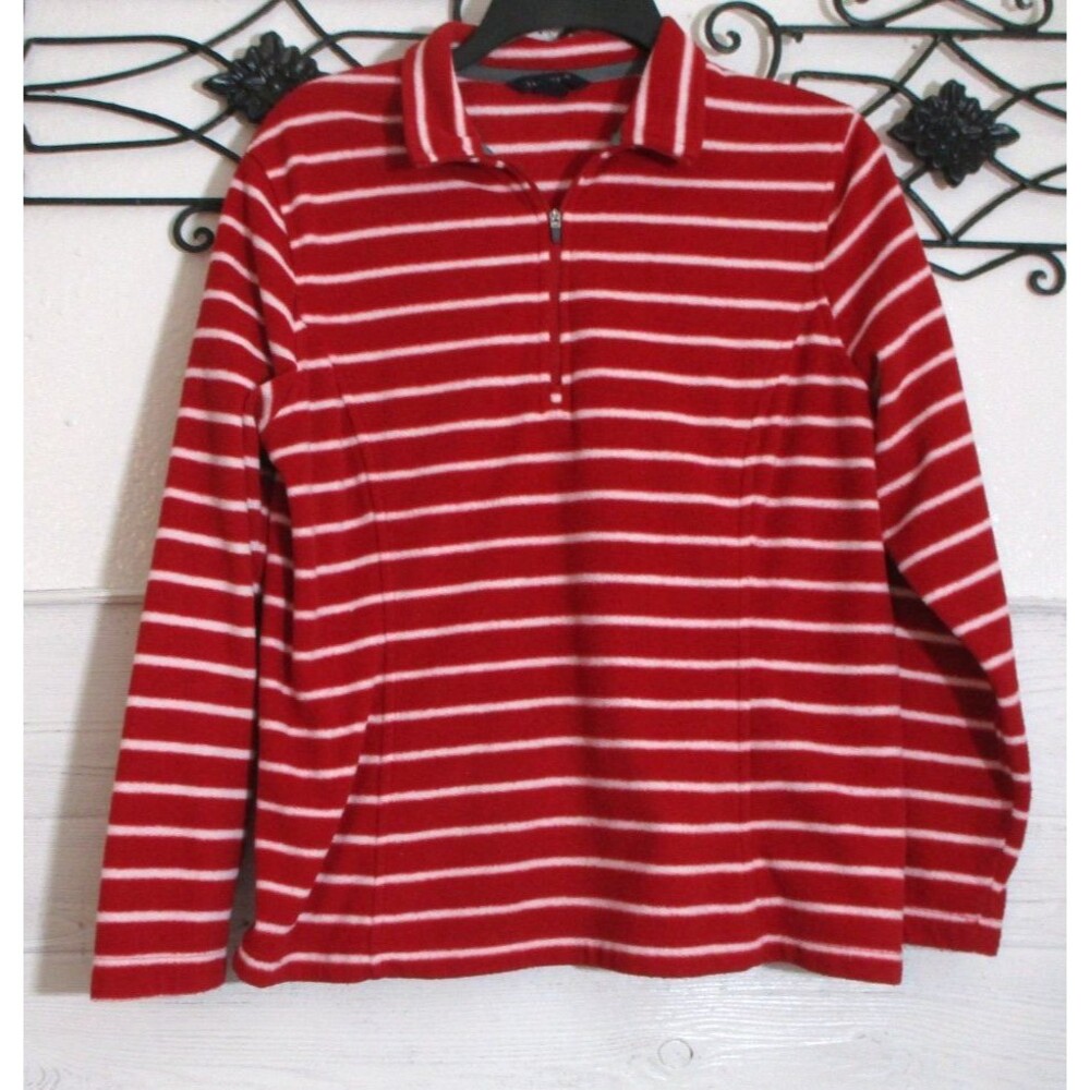 Lands' End Fleece Sweater Women's Size M Red Striped Long Sleeve 1/4 Zip